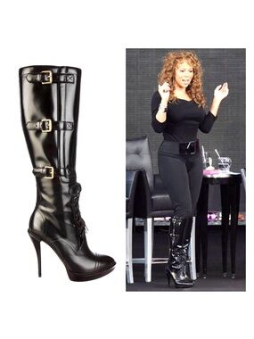 GUCCI VINTAGE Black Leather Riddle Knee High Lace-Up Platform Heeled Boot 2009